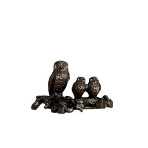 Vintage Pewter Owl Figurine Family of 3 Owls on Branch Decor